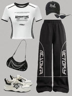 Girls' Letter Print Colorblock Top Wide Leg Pants Two-Piece Set