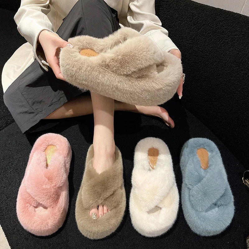 Women's Faux Fur Platform Slippers Soft Plush Indoor House Shoes