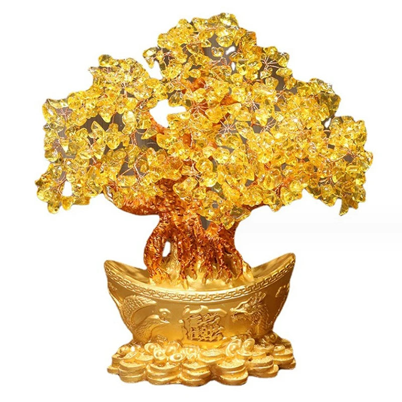 Chinese Gold Ingot Crystal Fortune Money Tree Figurine and Tabletop Ornament