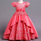 Girls' Floral Embroidery Satin Princess Ball Gown Dress