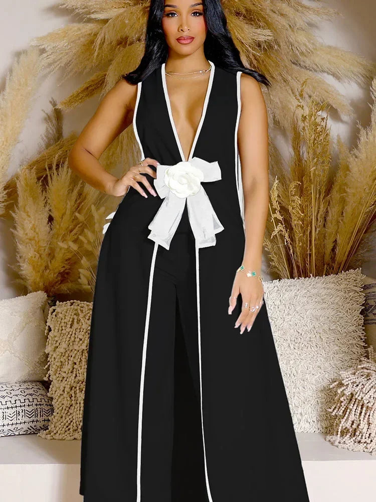 Women's Bow Applique Sleeveless Top Wide Leg Pants Set