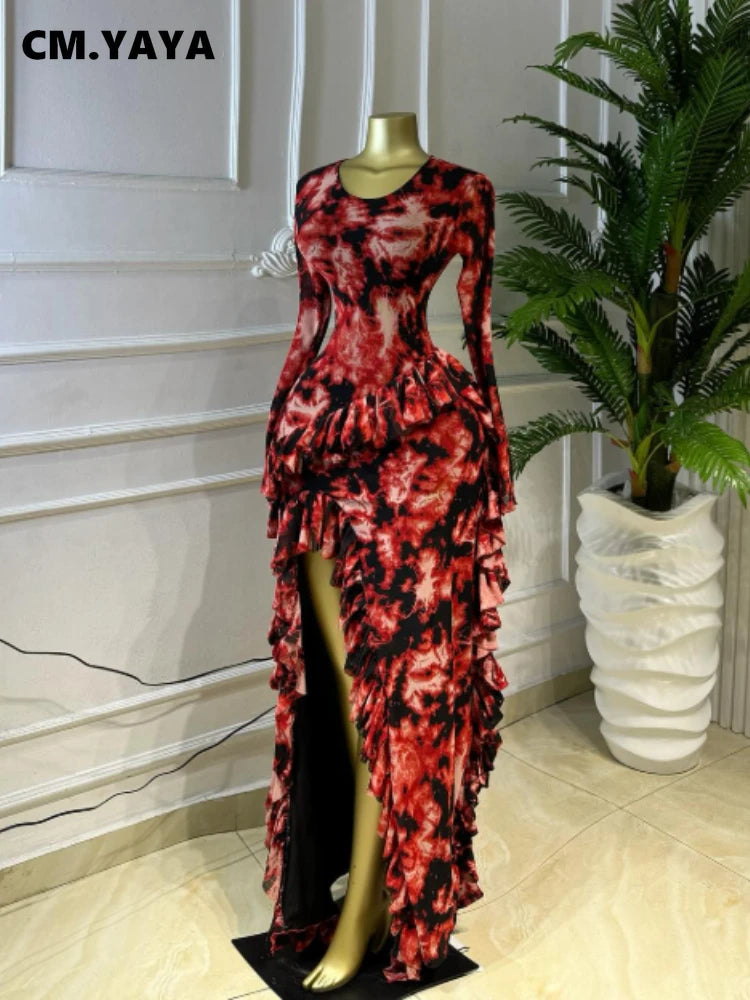 Women's Tie Dye Ruffle O-Neck Bodycon Maxi Dress