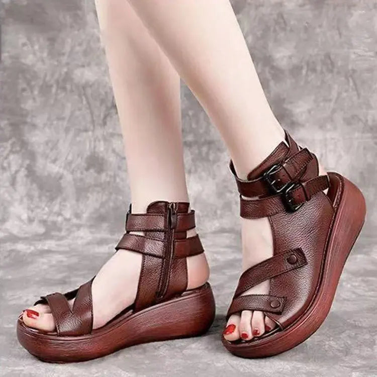 Women's Retro Leather Wedge Sandals Platform Mid Heel Shoes