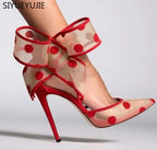 Women's Polka Dot Bow Mesh Pointed Toe Stiletto Pumps