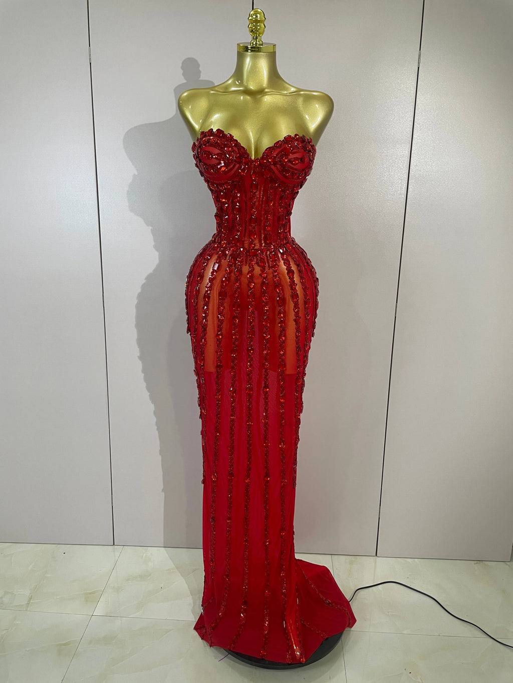 Women's Sexy Strapless Mesh Diamond Maxi Dress