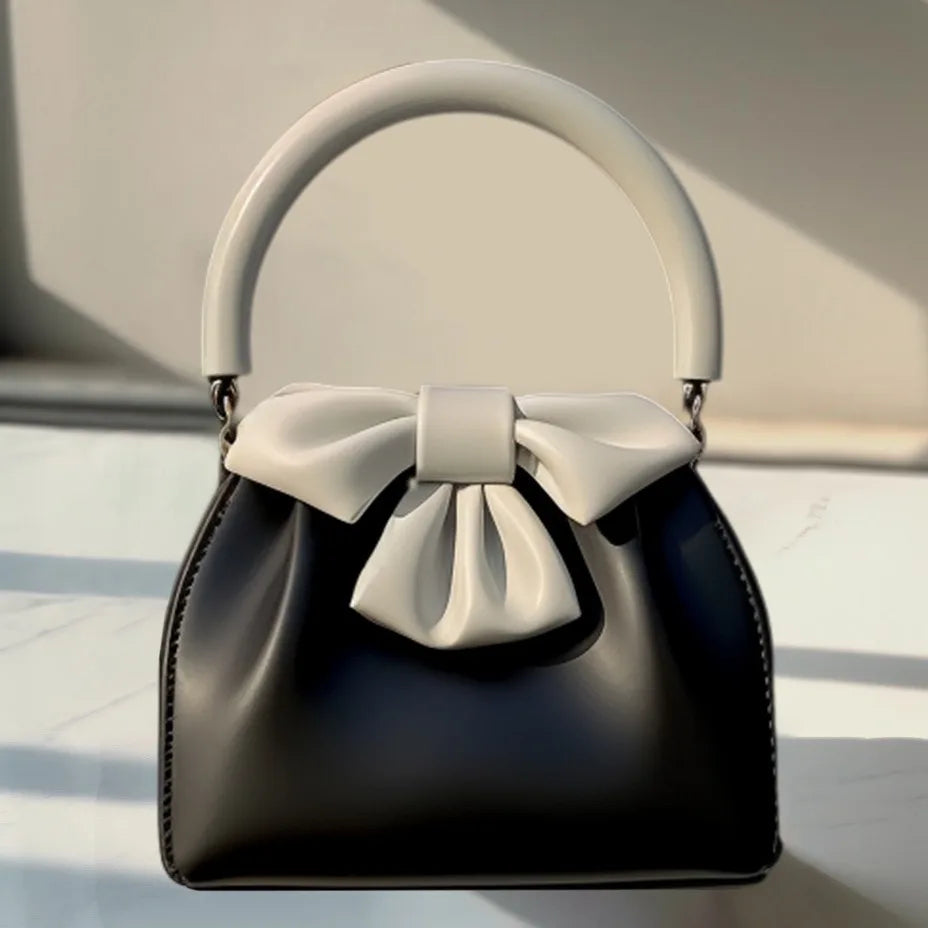 Women's Pleated Bow Contrast Color Bucket Bag