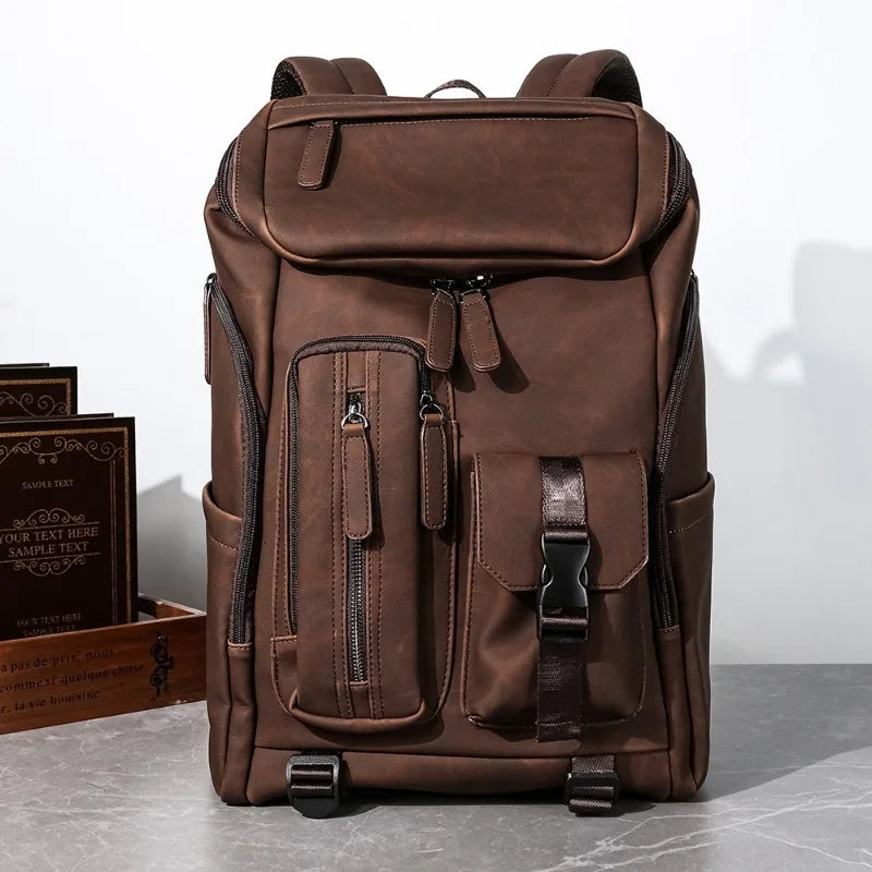 Men's Fashion PU Leather Large Capacity Travel Laptop Backpack