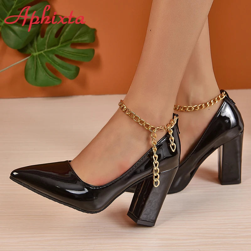 Women's Pointed Toe Gold Chain Ankle Strap 3.9 in Square Heel Pumps