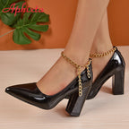 Women's Pointed Toe Gold Chain Ankle Strap 3.9 in Square Heel Pumps