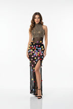 Women's Sexy Rhinestone Flower See Through Maxi Dress