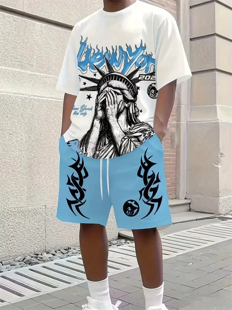 Men's 3D Print Round Neck T-Shirt and Shorts Set