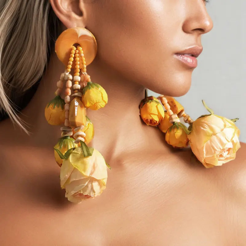 Women's Trendy Bohemian Simulation Rosebud Beaded Dangle Earrings