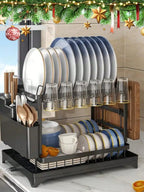2 Tier Dish Drying Rack and Drainboard Set with Utensil Holder