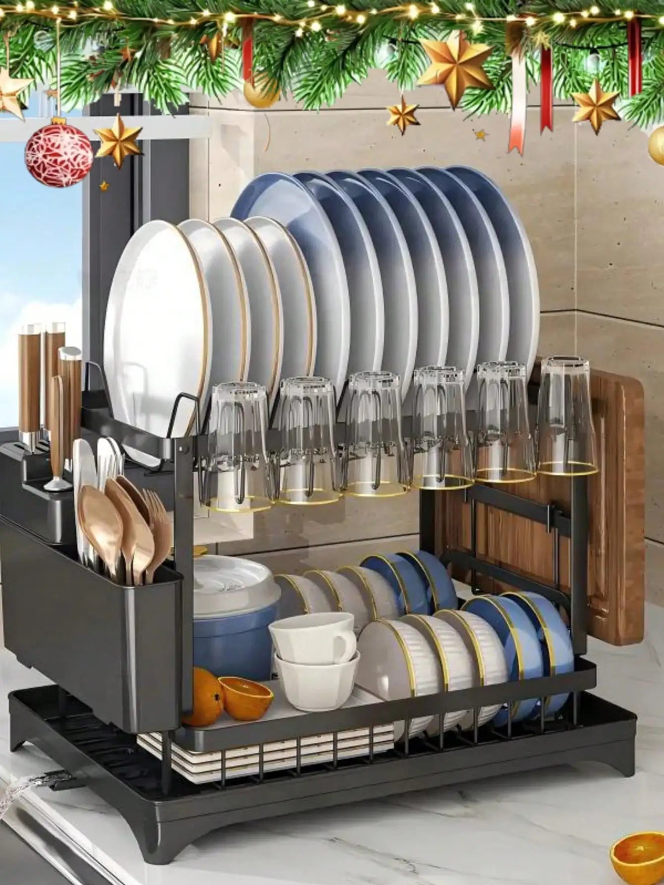 2 Tier Dish Drying Rack and Drainboard Set with Utensil Holder