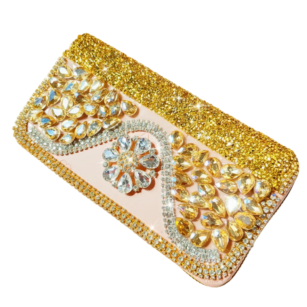 Champagne Rhinestone Evening Clutch Wallet with Heavy-Duty Inlay