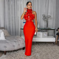 Women's Flower Halter Neck Long Sleeve Evening Party Dress 31801