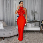 Women's Flower Halter Neck Long Sleeve Evening Party Dress 31801