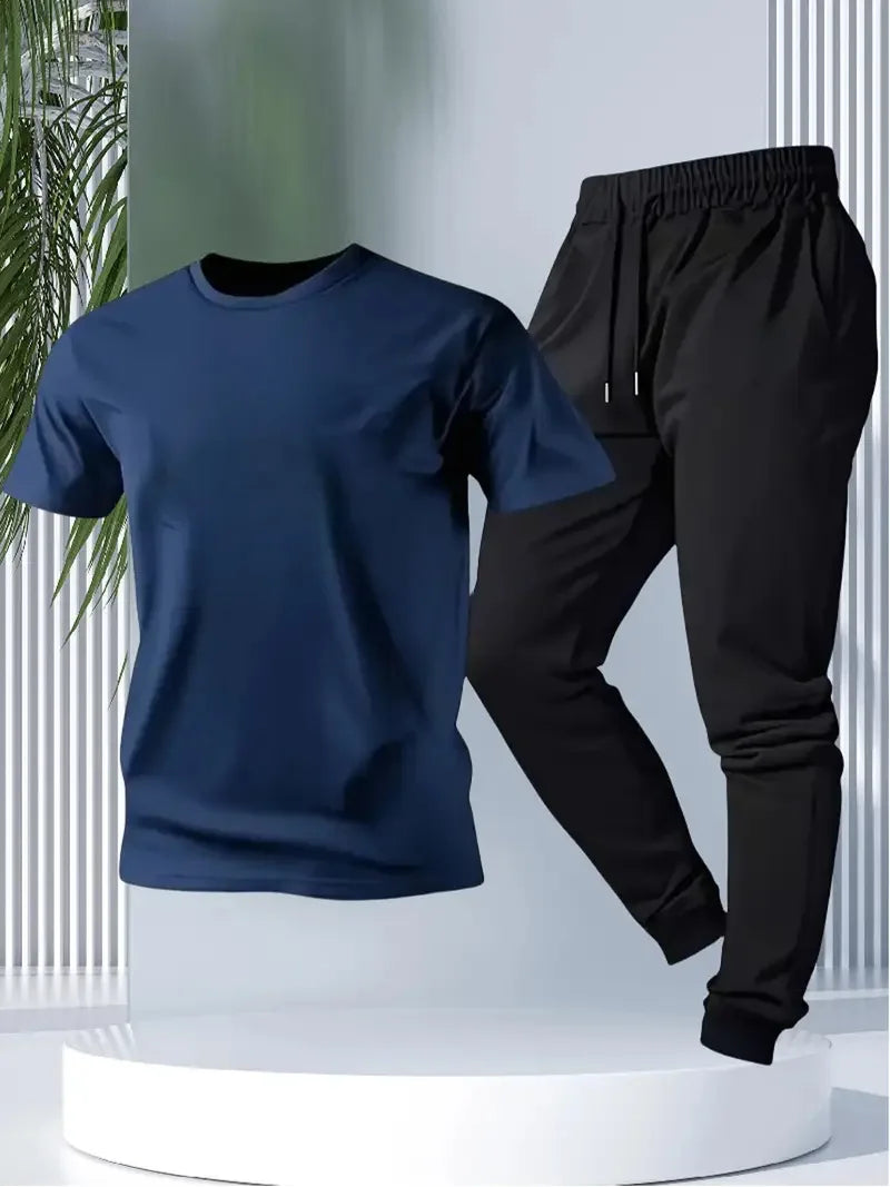 Men's Casual Print Round Neck T-Shirt and Sports Pants Set