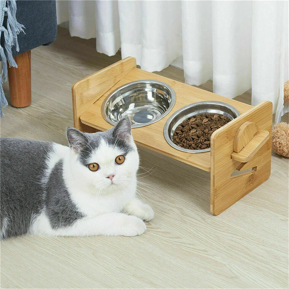 Adjustable Elevated Dog Bowls with 2 Stainless Steel Bowls and Bamboo Stand