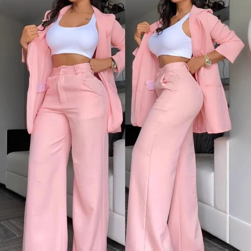 Women's Split Sleeve Blazer Straight Leg Pants Suit Set