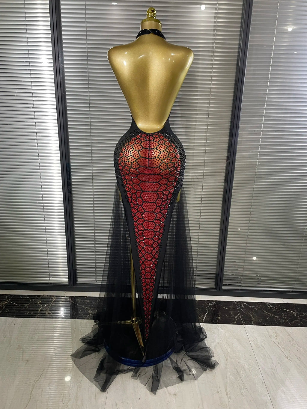 Women's Sexy Rhinestone Halter Backless Mesh Maxi Dress
