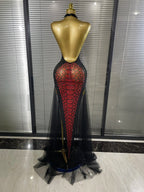 Women's Sexy Rhinestone Halter Backless Mesh Maxi Dress