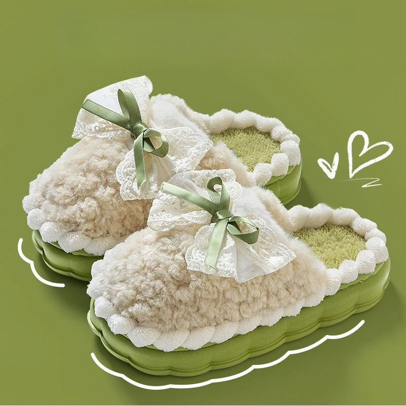 Women's Plush Bow Slippers Non-Slip Winter Indoor House Shoes