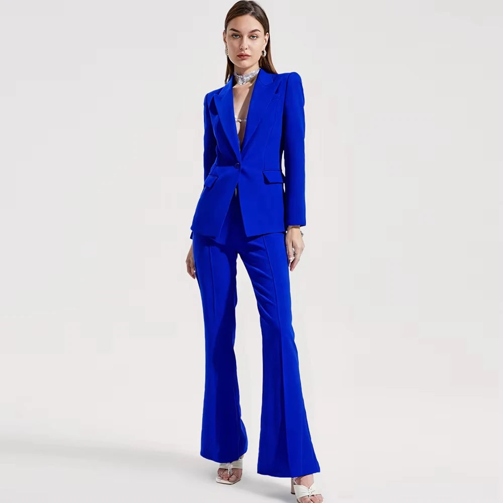 Women's Single Button Blazer and Flared Pants Suit Set