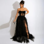 Women's Lace Patchwork Ruffle Split Bodycon Maxi Dress