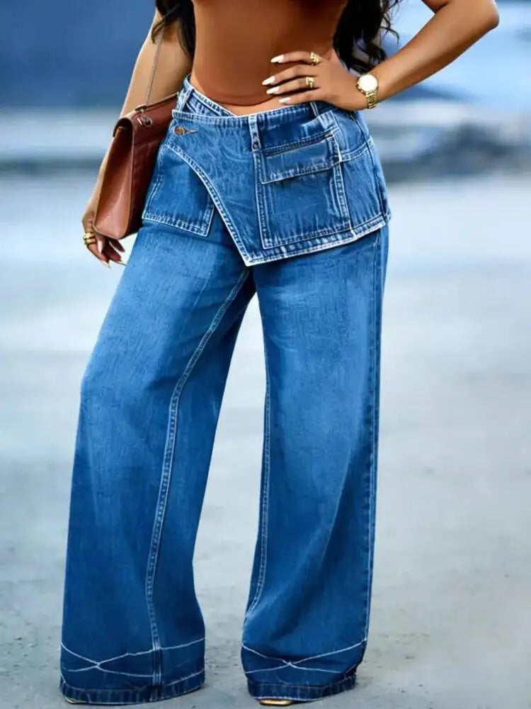Women's Wide Leg Jeans High Waist Layered Denim Pants Blue