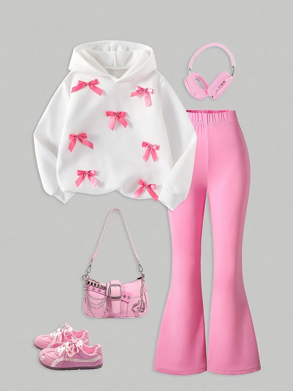 Girls' Bow Hooded Sweatshirt Bell Bottom Pants Two-Piece Set