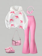 Girls' Bow Hooded Sweatshirt Bell Bottom Pants Two-Piece Set