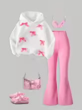 Girls' Bow Hooded Sweatshirt Bell Bottom Pants Two-Piece Set