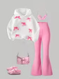 Girls' Bow Hooded Sweatshirt Bell Bottom Pants Two-Piece Set