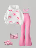 Girls' Bow Hooded Sweatshirt Bell Bottom Pants Two-Piece Set
