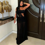 Women's Sexy Sheer Mesh Halter Ruched Floor-Length Maxi Dress