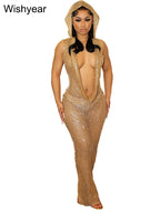 Women's Sexy Hooded Deep V Neck Sparkly Maxi Dress