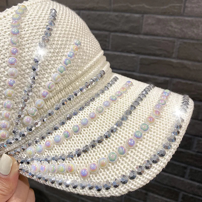 Women's Empty Top Visor Sun Hat with Rhinestones and Pearls