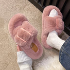 Women's Fluffy Open Toe Flat Slippers Suede Winter Warm