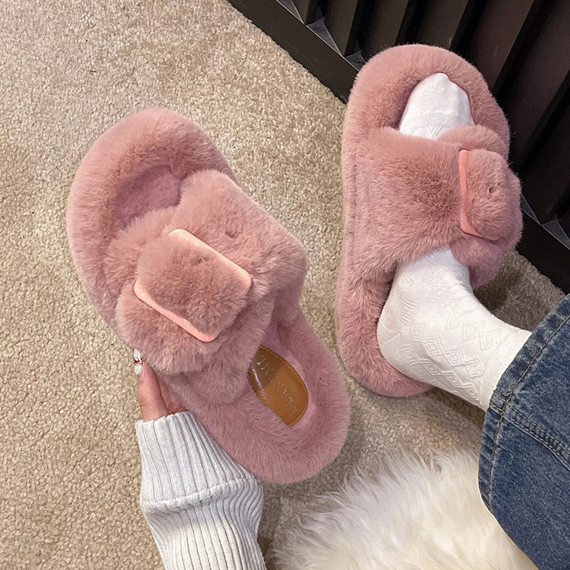 Women's Fluffy Open Toe Flat Slippers Suede Winter Warm