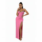 Women's Sexy Spaghetti Strap Rhinestone Pink Bandage Maxi Dress
