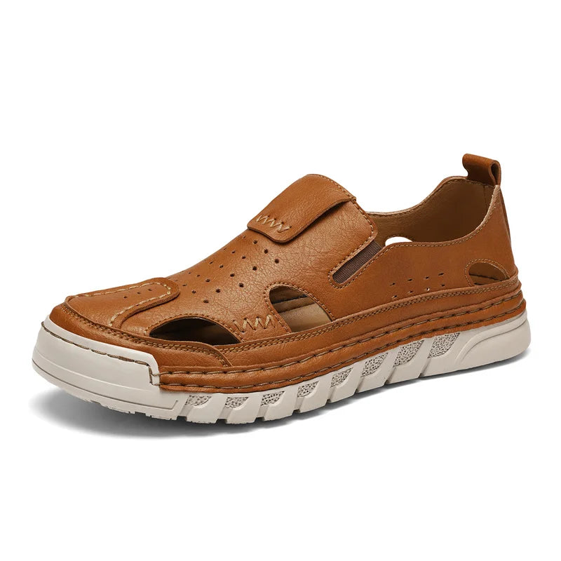 Men's Hand-Sewn Leather Sandals for Daily Outdoor Comfort Rubber Sole