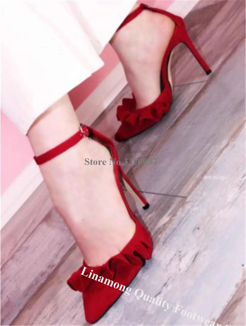 Women's Pointed Toe Suede Ruffle Stiletto Heel Pumps