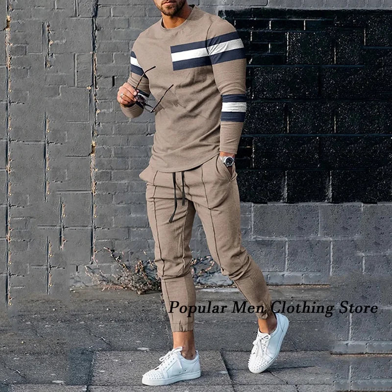 Men's Casual Print Round Neck T-Shirt and Pants Set