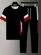 Men's Summer Striped Letter Print Breathable Round Neck T-Shirt and Shorts Set
