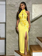Women's Appliques Halter Backless Maxi Evening Dress