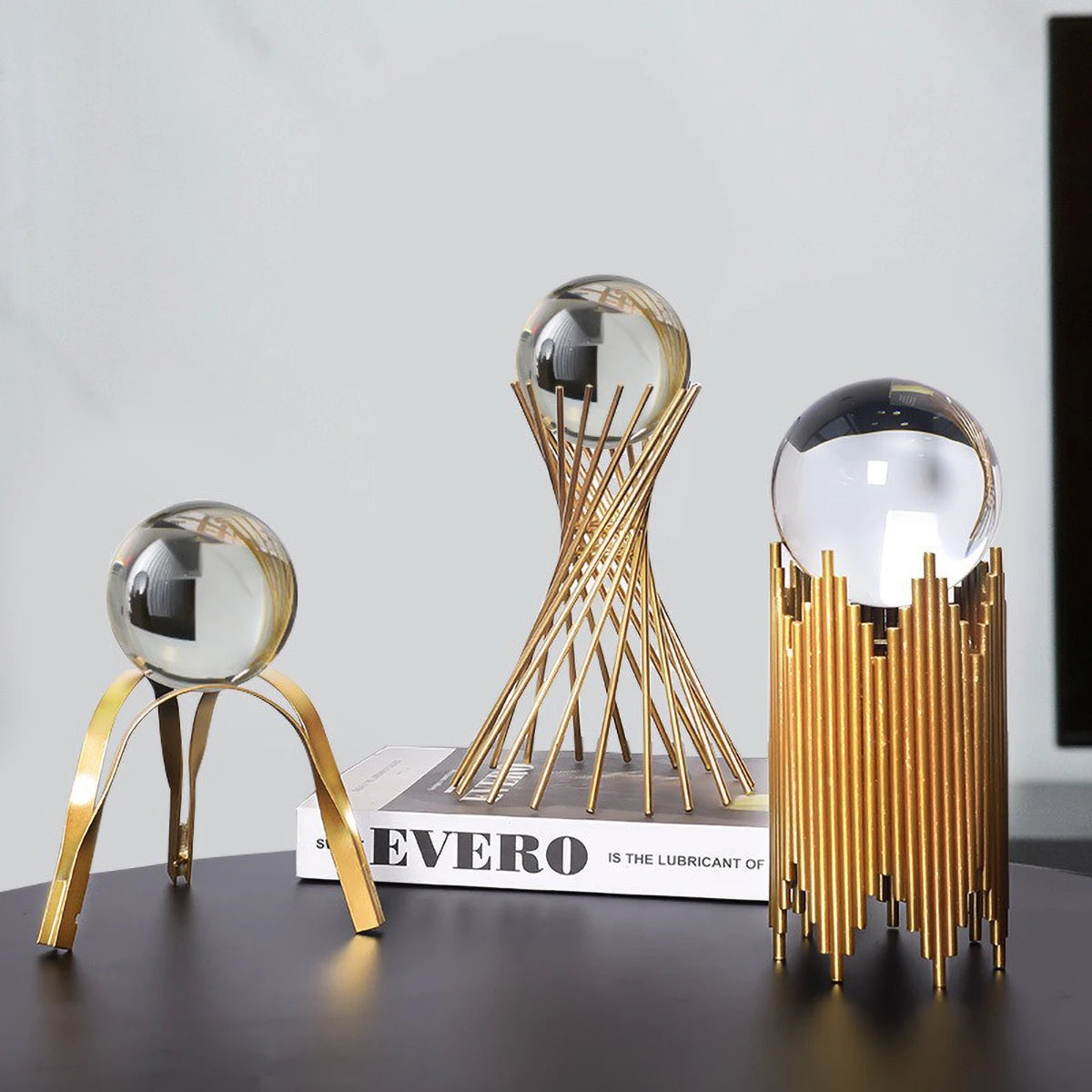 Golden Metal Crystal Ball Deer Figurine and Tabletop Ornament