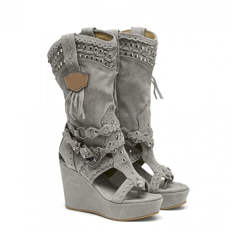 Women's Western Cowboy Wedge Sandals Tassel Fringe Rivet Platform Open Toe High Heel Casual Shoes