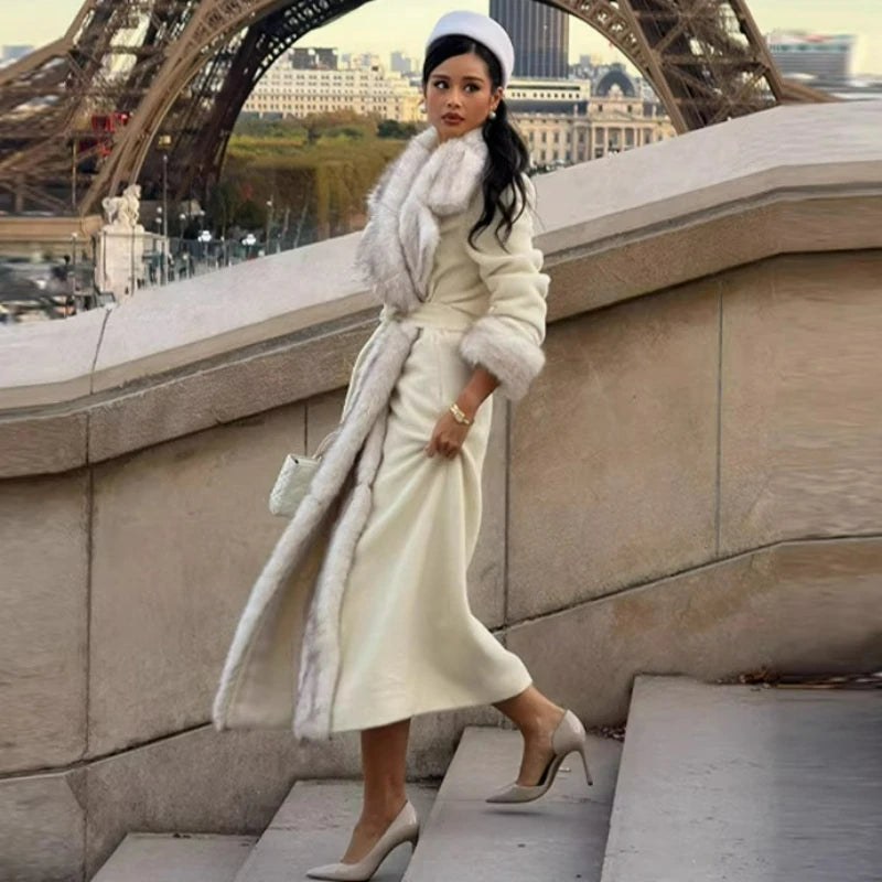 Women's Thick Warm Fur Collar Lace-Up Long Coat CR25122623