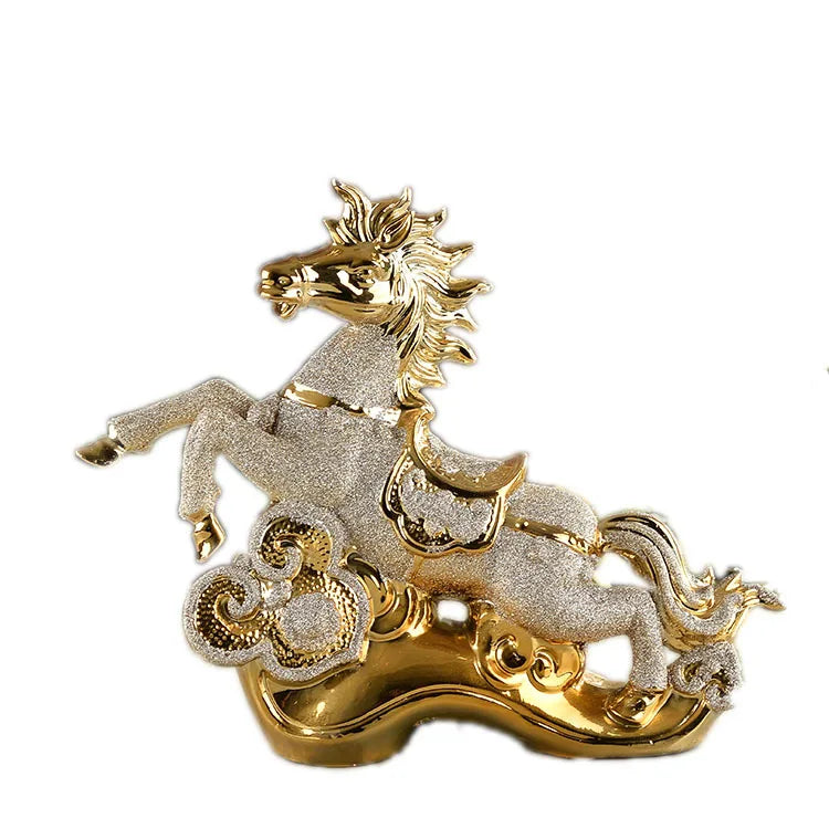 Gold Ceramic Horse Figurine and Modern Tabletop Statue